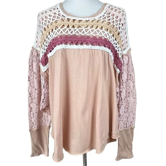 Free People High Hopes Cotton Crocheted-Yoke Lace-Sleeved Top Size Large - Picture 4 of 11